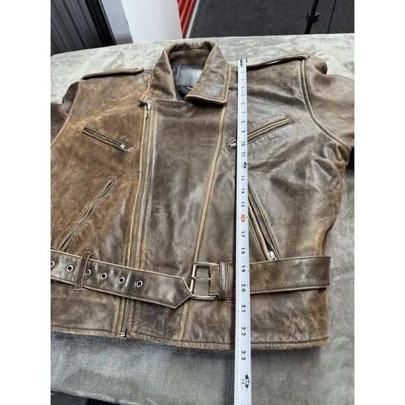 R13 Exaggerated Shoulder Brown Leather Moto Jacket Belted Distressed M - Picture 14 of 16